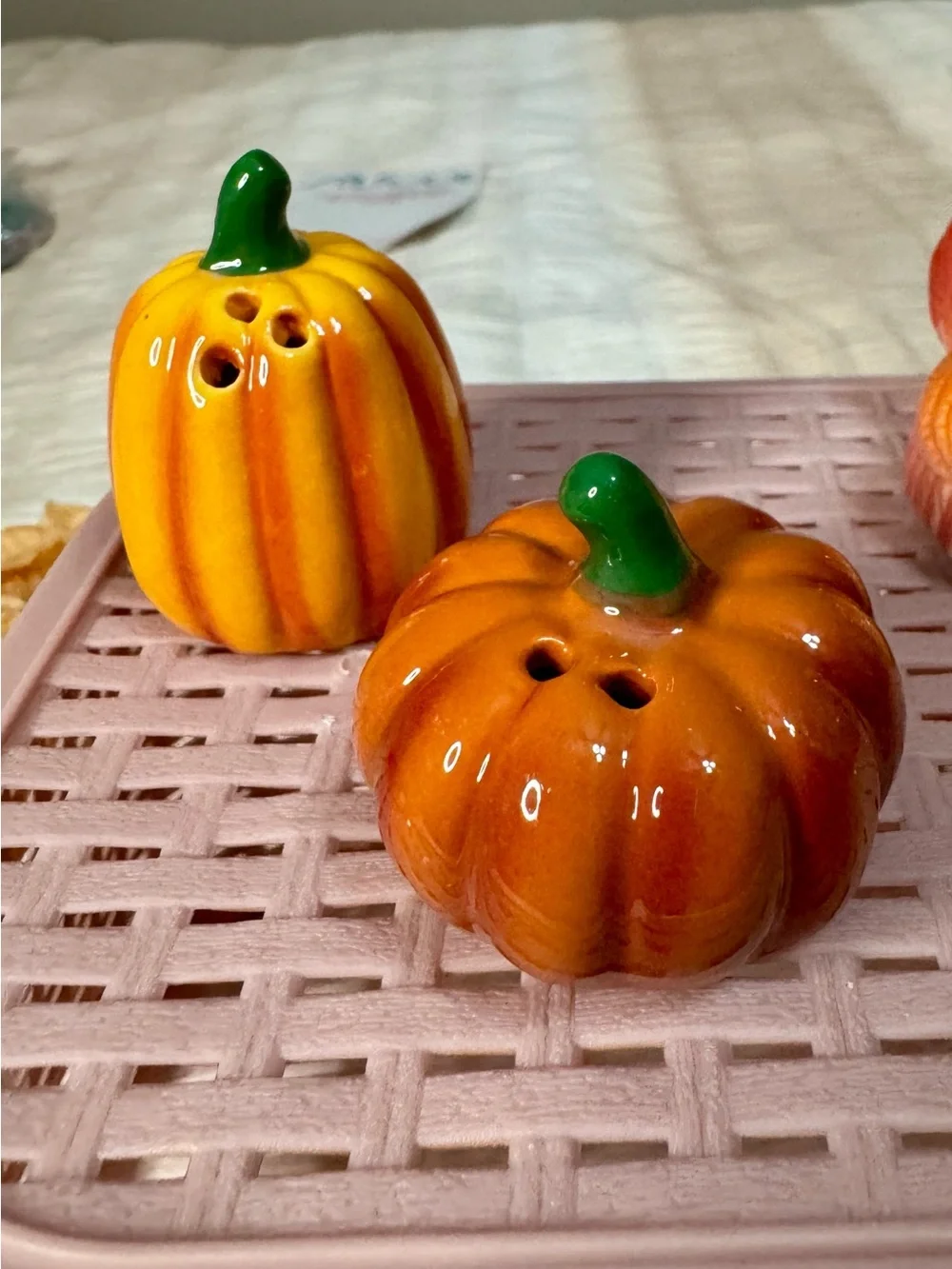 Ceramic Thanksgiving Turkey Salt and Pepper Shakers with Mini Pumpkin